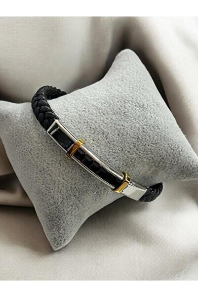 EyER Shoping Men's Black Steel Mesh Knitted Genuine Leather Bracelet