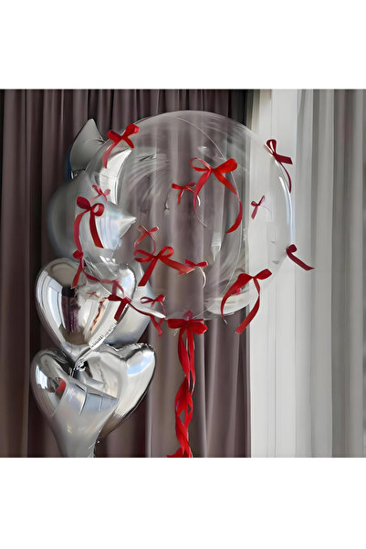Çemrek Süs Parti Red Bow Transparent Balloon Balloon Bundle Set with Silver Star and Heart Balloons, Set of 6