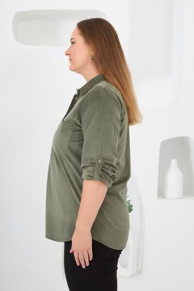 RMG Velvet Plus Size Snap Sleeve Shirt Khaki