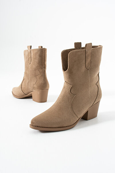 Gökçe Shoes Yeslin Koyu Bej Süet Western Kadın Topuklu Bot