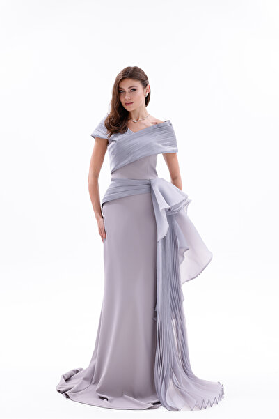 BDM Exclusive Drapeli Kuşak Detaylı Uzun Krep Abiye Elbise