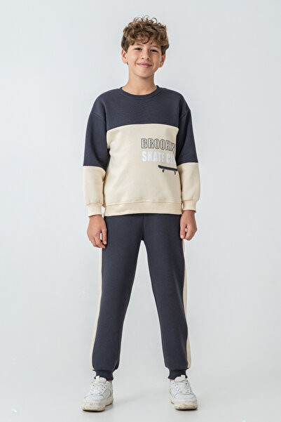 AHENGİM Boy's Brooklyn Skat Clup Printed 3 Thread Thick Winter Tracksuit Set Ak4228