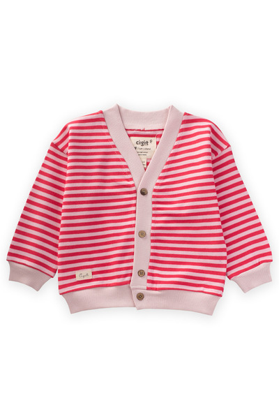 Cigit Striped Knitwear Cardigan 0-4 Years Powder Coral