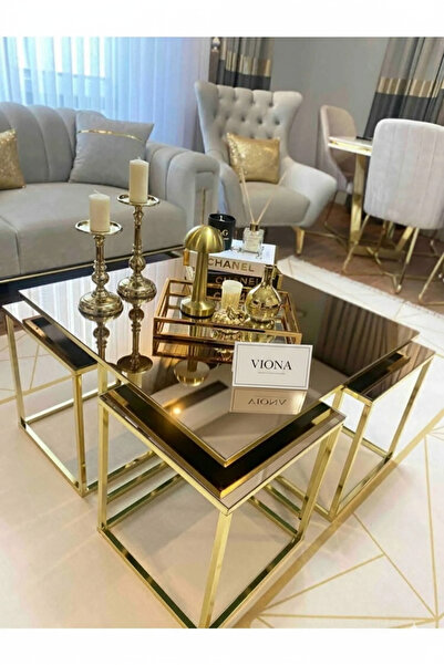 VIONA HOME Lizbon 5'li Gold Kaplama Bronz Aynalı Orta Sehpa & Zigon Sehpa & Yan Sehpa & Bohem Sehpa Takımı
