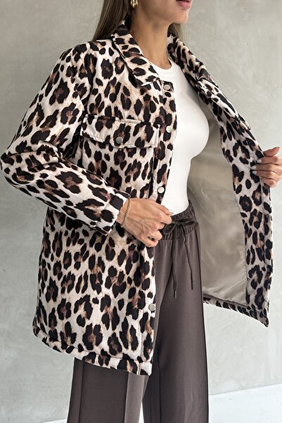Ulino Leopard Patterned Loose Fit Padded Coat with Pockets