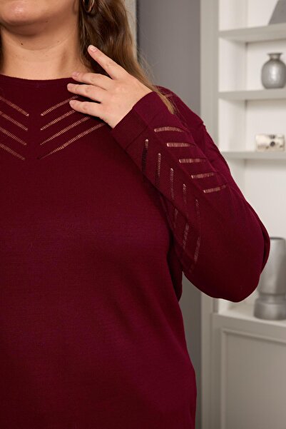 RMG Sleeve and Collar Openwork Patterned Plus Size Knitwear Burgundy