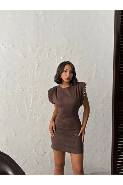 cemo Kadın Sırt Dekolteli Omuz Vatkalı Omuz Droplu Süet Elbise