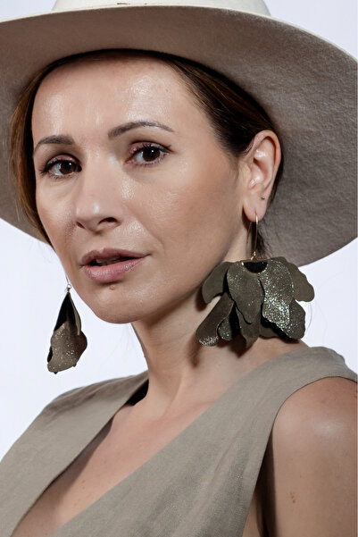 HAIArt Handmade leather floral earrings - Khaki with glitter