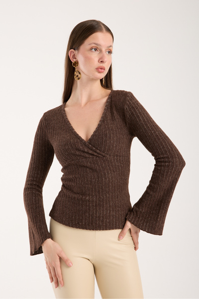 FOORS Καφέ πλεκτή μπλούζα με γιακά και ισπανικό μανίκι