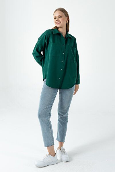 GİYSA قميص نسائي أساسي بأكمام طويلة وجيب مزدوج أخضر - 26K 2013