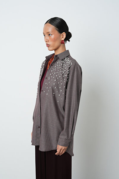 Orfeo Negro Women's Oversize Cut Burgundy Shirt with Stone Embroidery on the Front and Robe