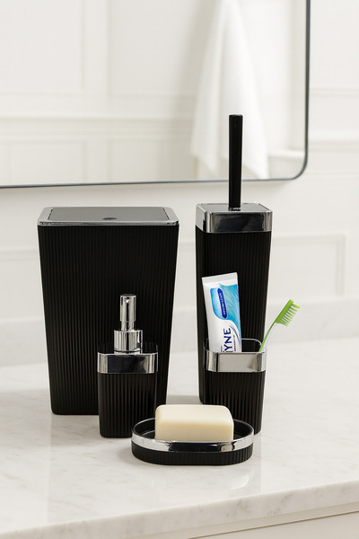 s & t home Siyah Krom Detaylı 5 Parça Banyo Seti – Çöp Kovası, Tuvalet Fırçası, Sabunluk, Diş Fırçalık