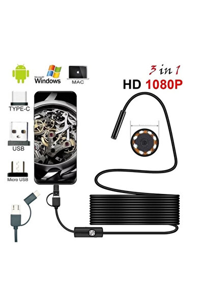 Epilons Endoskop 3 İn 1 Yılan Kamera Usb Micro Usb Type-c 20 Metre Sert Kablo