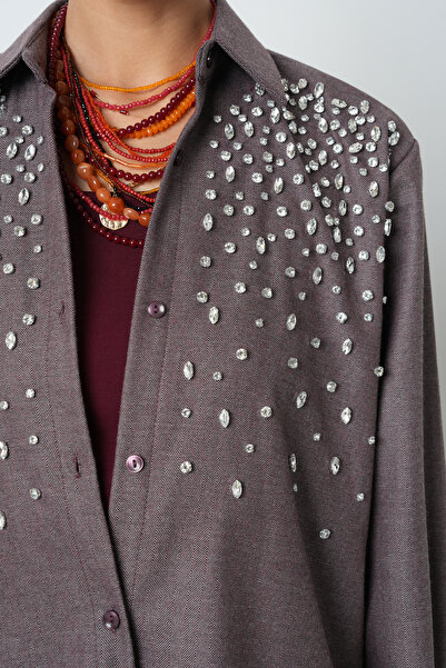 Orfeo Negro Women's Oversize Cut Burgundy Shirt with Stone Embroidery on the Front and Robe