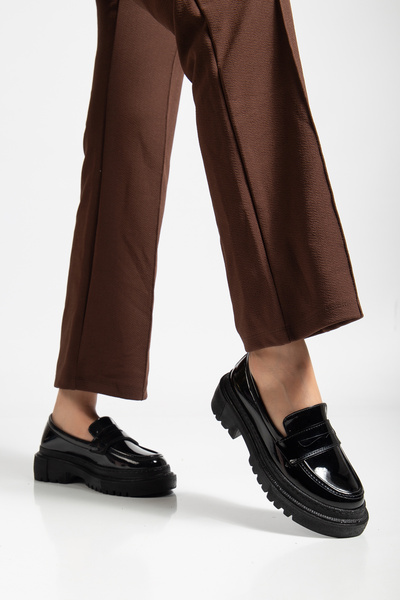 besoin shoes store Kadın Loafer Makosen Siyah Rugan Günlük Ayakkabı