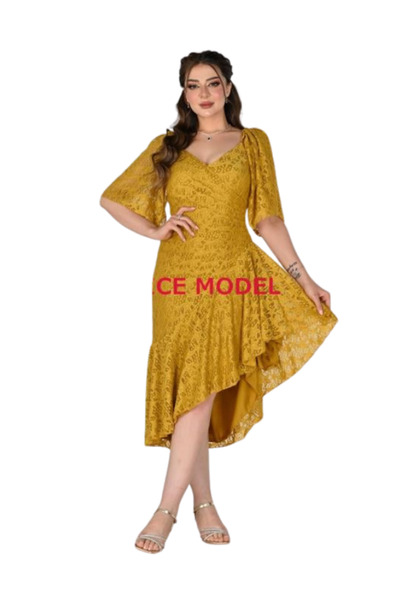 TREN Golden Lace Overlay Dress Bell Sleeve Empire Waist Ruffled Hem Wedding Guest Vintage Tea