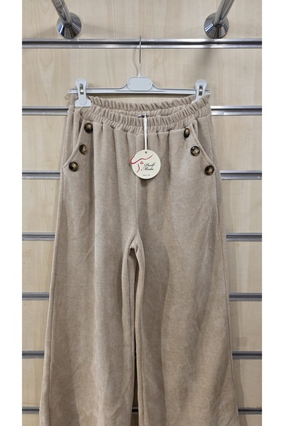 Park Moda Wide Leg Velvet Pants with Button Detail