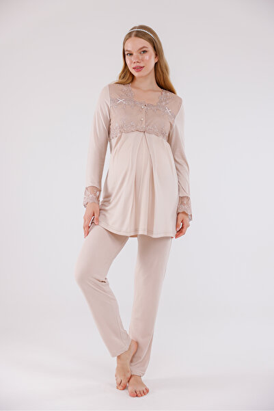 Yulem Homewear Beige Special Lace Long Sleeve Cotton Maternity Pajama Set