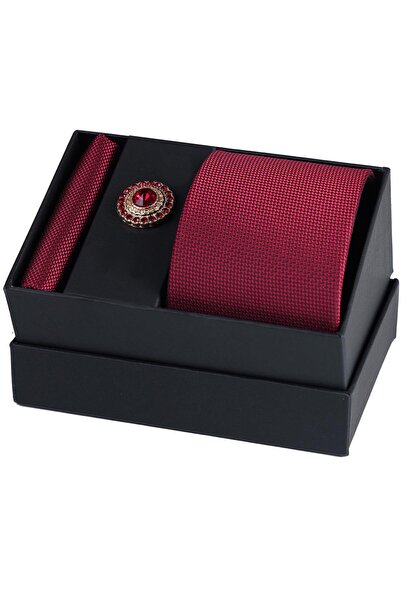 Esgue Hand Made Burgundy Tie & Handkerchief & Gold Color Dark Red Stone Collar Brooch Gift Set