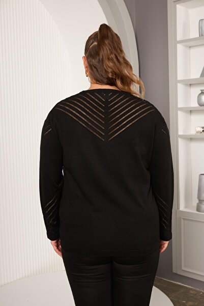 RMG Kol Ve Yaka Ajur Desenli Büyük Beden Triko Siyah