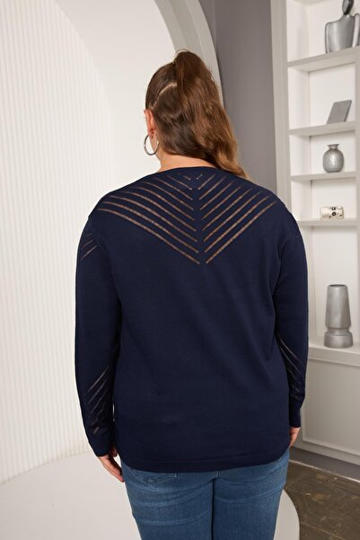 RMG Sleeve and Collar Openwork Patterned Plus Size Knitwear Navy Blue