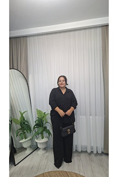 Butik İnci Taş Detaylı Siyah Pantolon