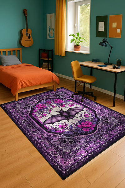 Rugs Modern Halı MOSSO Mor Temalı Güller ve Yarasa Desenli Dokuma Taban Moder...