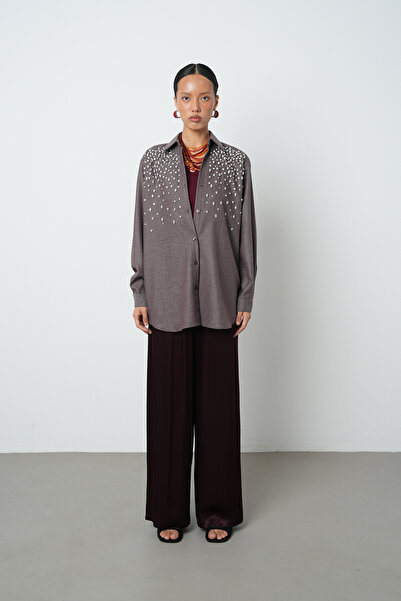 Orfeo Negro Women's Oversize Cut Burgundy Shirt with Stone Embroidery on the Front and Robe