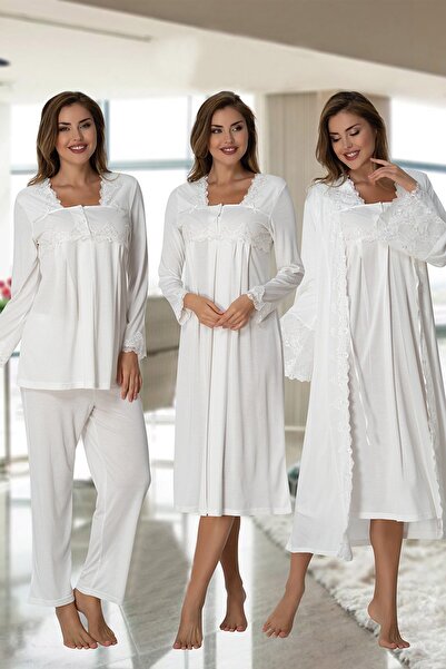 Lohusa Homewear Women's Ecru Stylish Lace Trim Maternity 4-Piece Set