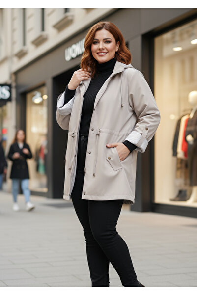 LİLAS XXL Büyük Beden Kapüşonlu Bej Renkli Bonding Ceket