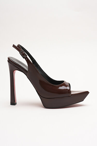 Ayakkabı Ateşi Kadın Sivri Burun Açık İnce Topuklu Platform Ayakkabı Caselin Siyah Rugan