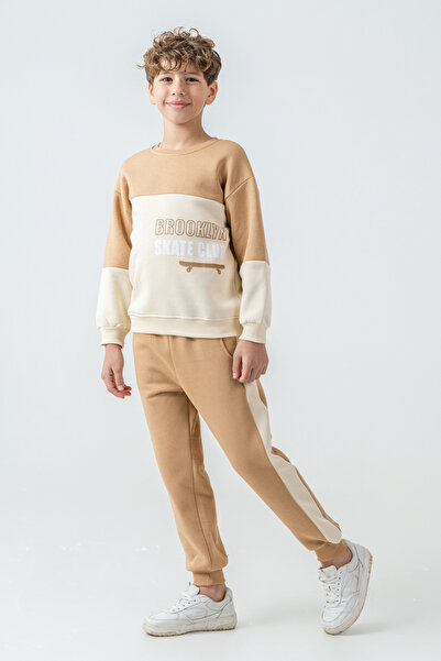 AHENGİM Boy's Brooklyn Skat Clup Printed 3 Thread Thick Winter Tracksuit Set Ak4228