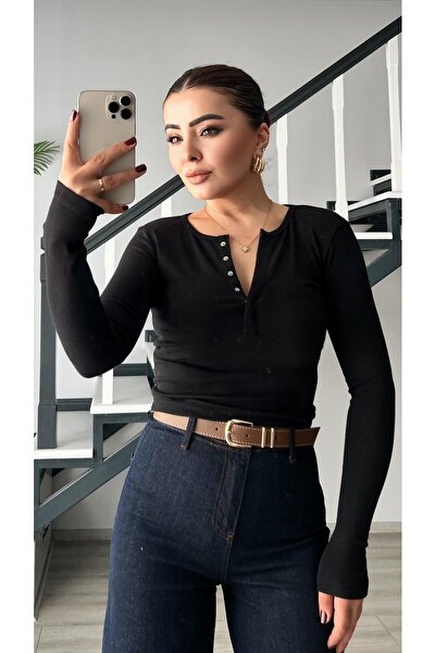 Oslove Siyah Çıtçıtlı Soft Touch Bluz