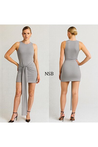 Nsb Tasarım Γυναικείο Μίνι Φόρεμα Αμάνικο με Κορδόνια