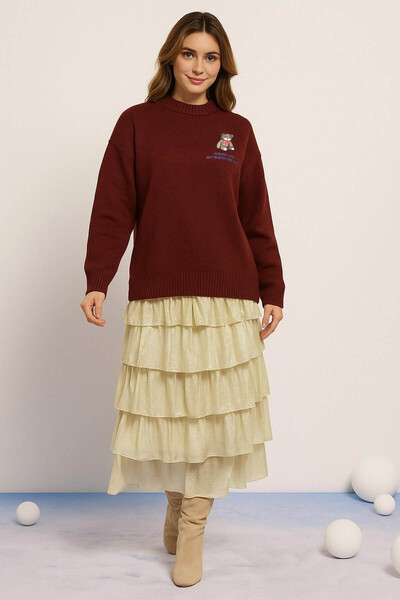 Fashion Friends Pulover de damă cu decolteu rotund brodat roșu claret 25K0313K1