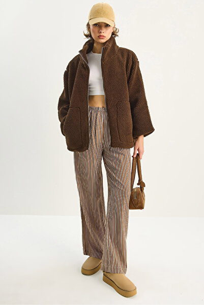 Bianco Lucci Kadın Cep Detaylı Fermuarlı Astarlı Dik Yaka Peluş Mont 60283631