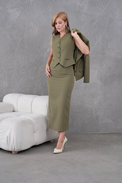 nodilife Kare Düğmeli Üçlü Kadın Takım Elbise Haki