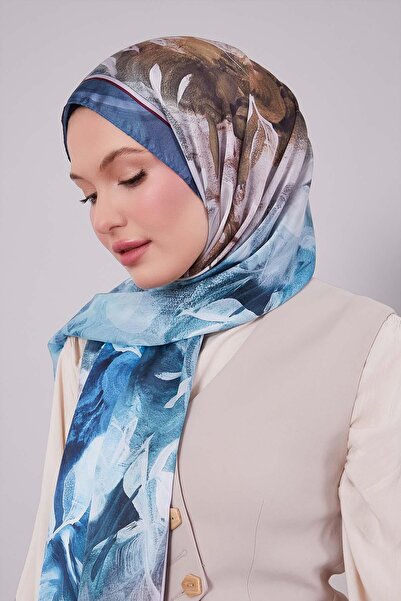 Levidor Turkuaz Karışık Yaprak Desen Hint İpeği Şal