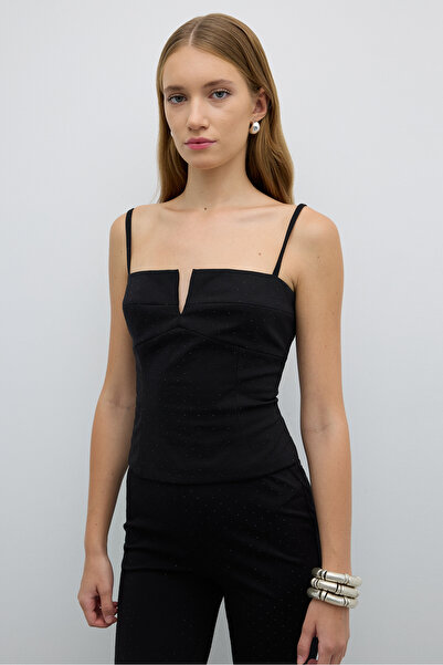 Roman İnce Askılı Taş Baskı Büstiyer Siyah K2614003_001