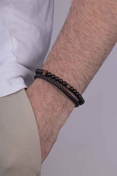 Gümüş Pazarım سوار جلدي للرجال من حجر الأونيكس بتصميم مضفر مزدوج