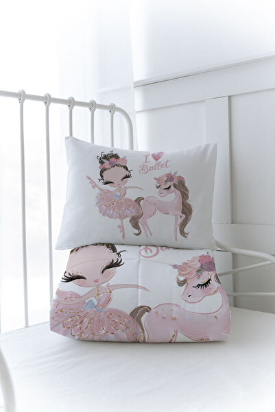 Tuğba Kuğu Organik Baskılı Montessori (100x200) Yorgan Seti - For Baby Serisi - Pembe Tütülü Balerin Ve Unicorn