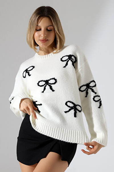 Devinka Women's White Bow Patterned Knitwear Sweater