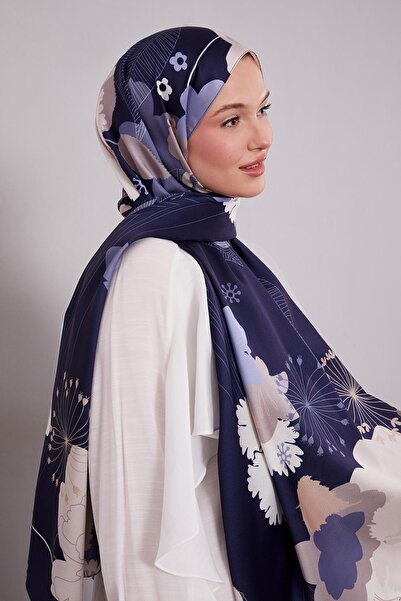 Levidor Lacivert Çiçek Desen Twill Şal