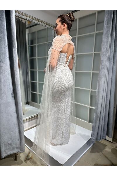 Abiye's BEYAZ NİKAH TAŞLI PELERİNLİ BOĞAZ ŞİFONLU SÖZ NİŞAN ELBİSESİ