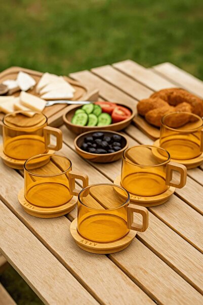 Jenisa 12 Parça Amber Renk Cam Kupa Seti – Bambu Kulplu ve Altlıklı Çay & Kah...