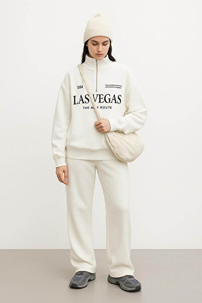 Fashion Friends Oversize Zippered Collar Ecru Women's Sweatshirt 25K0010K1