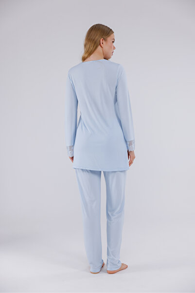 Yulem Homewear Mavi Özel Dantelli Uzun Kollu Pamuklu Lohusa Hamile Pijama Takım