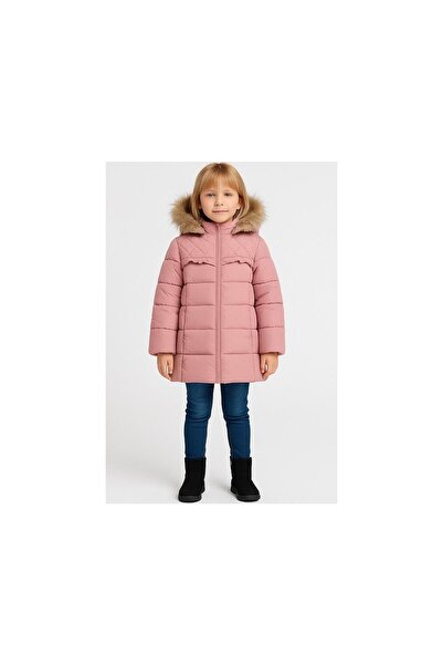 bebeciden Girl's Puffer Coat with Faux Fur Detail, Hooded, Pockets, Zipper, Pink