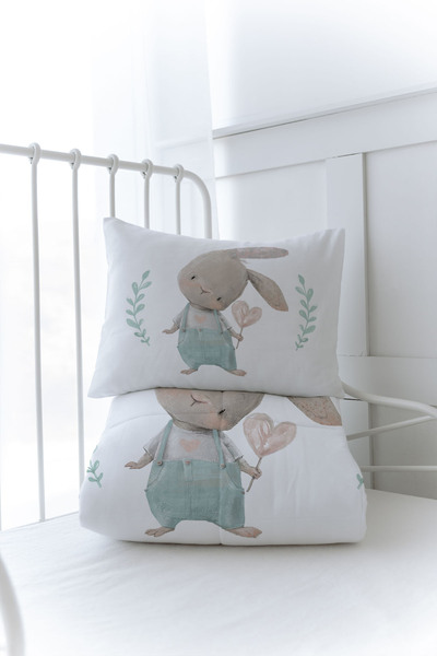 Tuğba Kuğu Organic Printed Montessori (100X200) Quilt Set Quilt Set - for Baby Series - Rabbit with Overalls