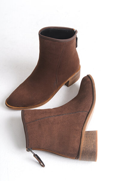 LDR Kadın Kahverengi Süet Kısa Topuklu Fermuarlı Bot